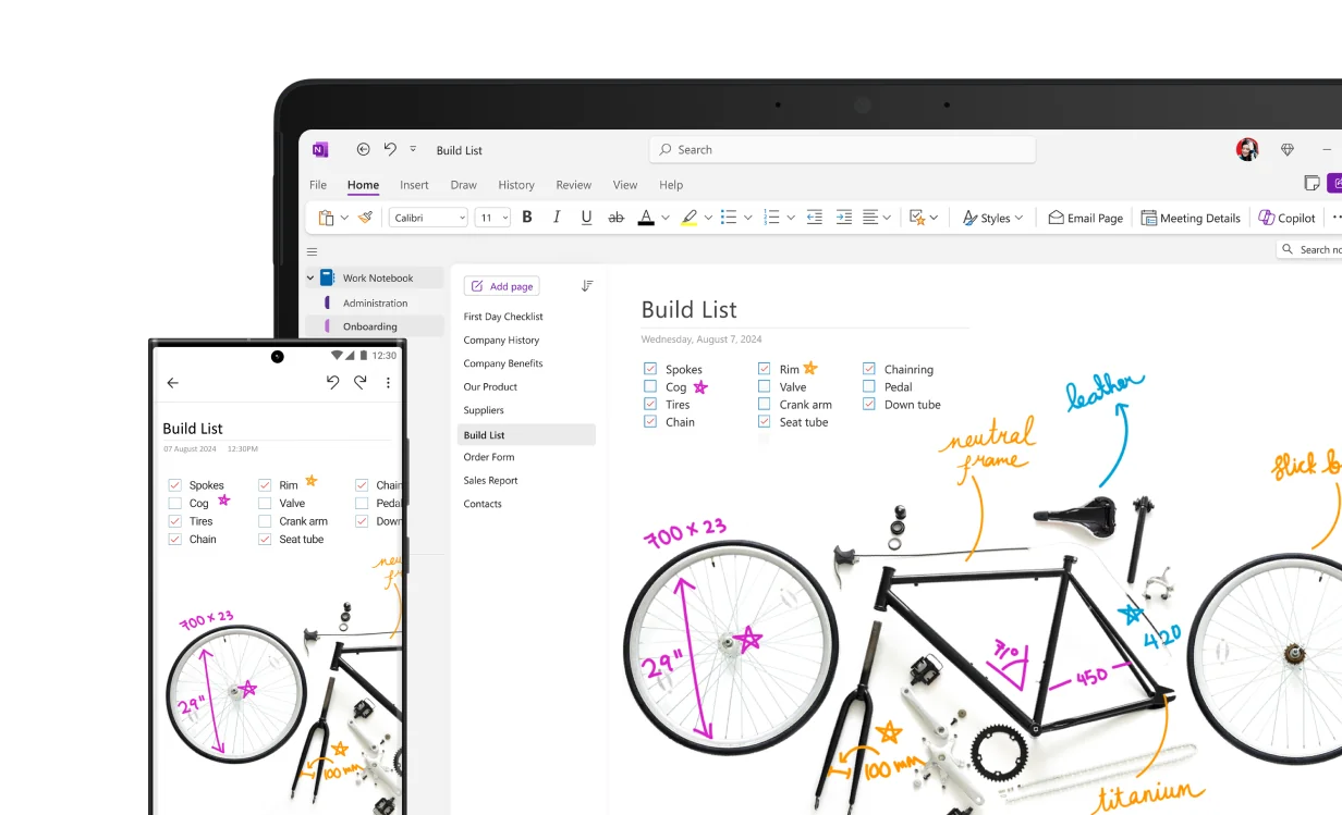 Microsoft OneNote 产品展示图，实际界面以所选版本为准